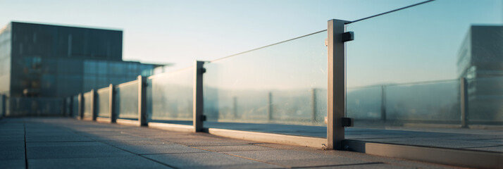 A clear glass guardrail with sleek metal supports surrounds a rooftop terrace. The view includes modern buildings under a sunset sky. The setting shows urban life in the distance, banner