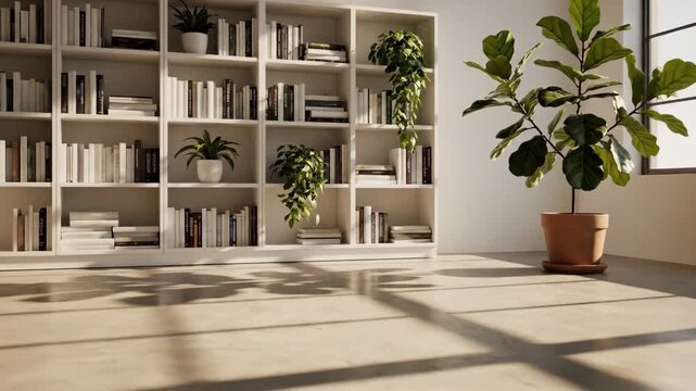 Bright Modern Interior with Bookshelf and Plant - A sunlit room features a white bookshelf filled with books and small potted plants.
