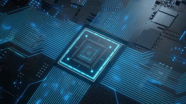 Central processing chip with illuminated circuit pathways showing high speed data flow and advanced computing technology in a digital environment.