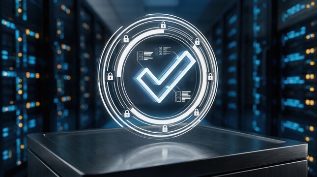 Cybersecurity icon with check mark and padlocks in data center, digital data protection, secure online access and information privacy network technology - Powered by Adobe