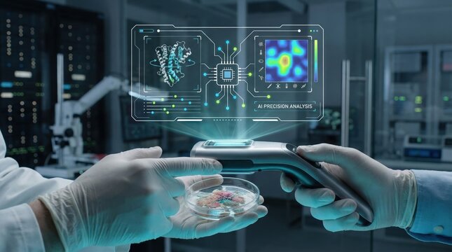 High-tech scientific analysis device projecting holographic data over petri dish,AI-assisted lab research for cellular structure or bioengineering visualization - Powered by Adobe