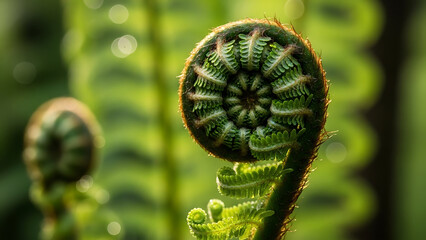 Vibrant green unfurling fiddlehead fern frond showcasing nature's perfect spiral pattern