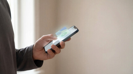 Man holding smartphone with digital interface displaying notifications, showcasing modern technology and communication in a minimalistic indoor environment with natural light