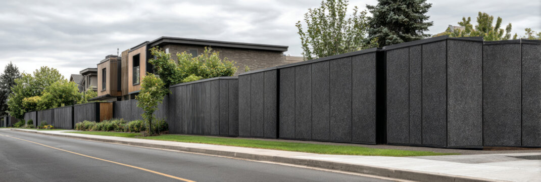 Dark textured panels form a soundproof barrier protecting a peaceful neighborhood from the noise of nearby traffic, enhancing the residential area's tranquility and comfort, banner