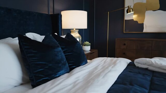 Luxurious Dark Bedroom Interior - A close-up of a luxuriously appointed bedroom showcases dark blue velvet pillows and a comforter accented with crisp white bedding.