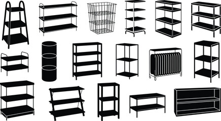 Storage furniture silhouette set, shelving unit icons, black grid layout, minimalist organization design, home decor sketch, utility rack illustration