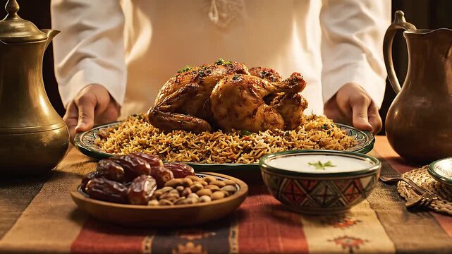 A person in traditional attire serves a magnificent platter of roasted chicken and aromatic rice, surrounded by traditional dishes and drinks, perfect for a festive feast.
