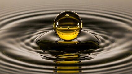 Captivating golden liquid drop creating perfect ripples on a dark reflective surface, showcasing fluidity.