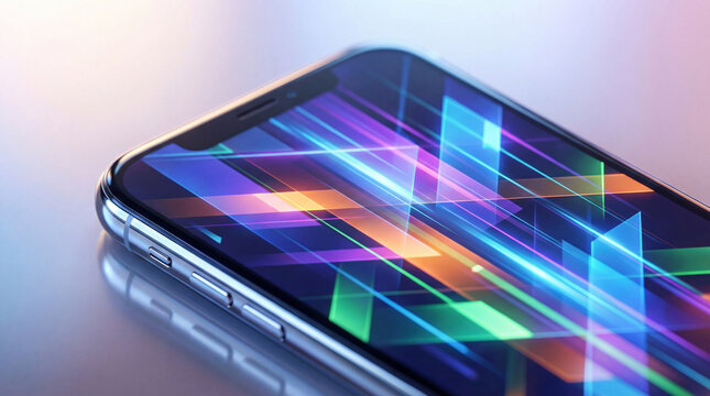Smartphone mock up with vibrant abstract geometric patterns on screen, showcasing colorful light reflections and modern design elements, ideal for technology presentations and digital marketing - Powered by Adobe