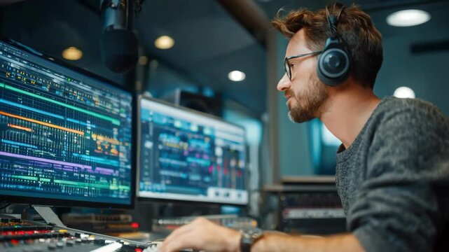 Medium shot of a radio technician programming playlist management software on a computer in a modern broadcast studio.