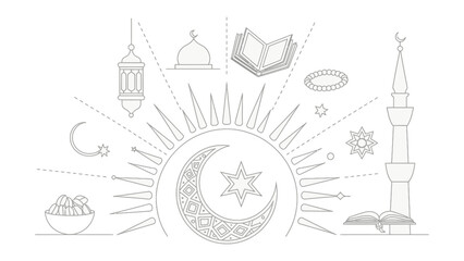 Obraz premium Eid Mubarak Icon: An array of detailed icons representing the essence of Eid, including crescent moon, star, mosque, lantern, and prayer beads, forms a rich tapestry of faith, unity, and celebration.