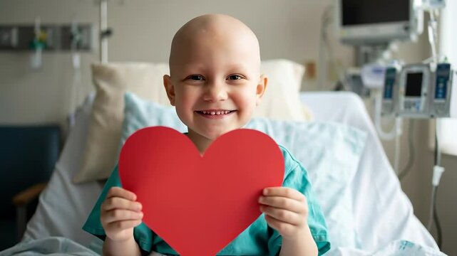 Bald Caucasion Child with red paper heart in hospital bed. Concept of health, hope, recovery for Valentine's Day or childhood cancer with copy space.