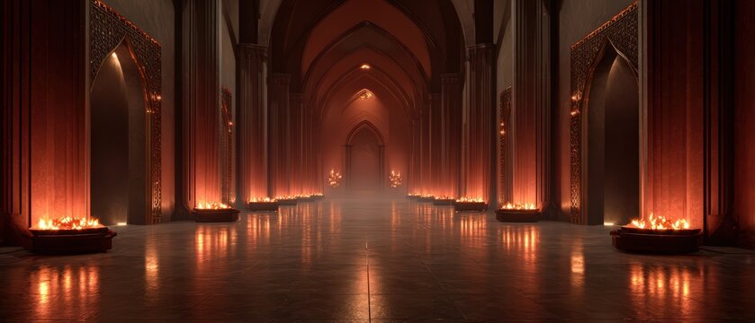 Sinister gothic throne hall with red lighting and dramatic architectural design for fantasy and horror themes