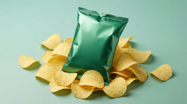 Potato chips salted packaging design Reaalistic 3d icon illustration, snack packaging mockup, chips bag template