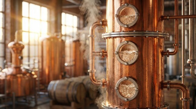 Copper distillation equipment in a craft distillery,industrial alcohol distillation column with boiling liquid,steam and pipes in a rustic production facility