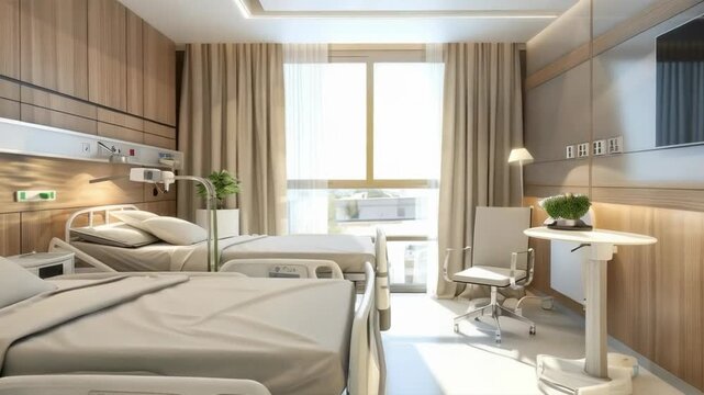 Sunlight in a spacious ward with modern beds is ideal for demonstrating comfortable treatment conditions, creating an atmospheric backdrop for advertising clinics.
