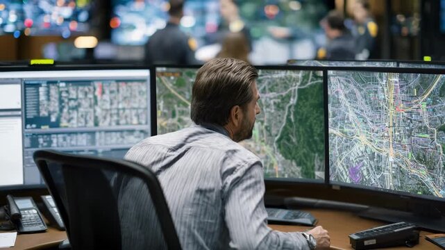 Medium shot capturing cellular traffic controllers monitoring overnight network load ensuring continuous service with minimal usage and peak efficiency.