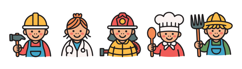 Cute cartoon children illustrating different professions including construction worker, doctor, firefighter, chef and farmer