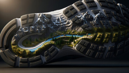 Innovative shoe sole design with a miniature mountain, river, and hiker scene, representing adventure.