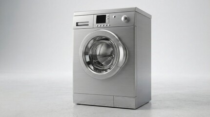 Modern silver washing machine on white background,front loading laundry appliance for household cleaning,realistic metallic washer isolated for product mockup