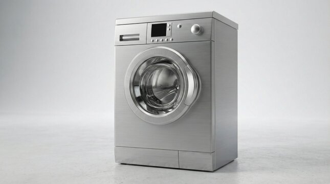 Modern silver washing machine on white background,front loading laundry appliance for household cleaning,realistic metallic washer isolated for product mockup