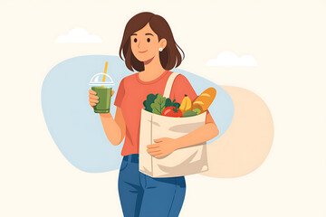 woman holding a shopping bag full of groceries