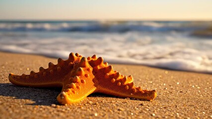 Peaceful Orange Starfish Resting Sandy Beach Ocean Waves Close-Up
