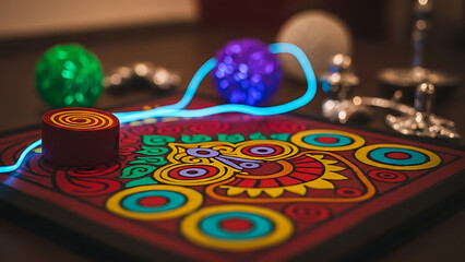 Vibrant Aztec Patterned Board Game with Modern Glowing Fiber Optic Light and Spheres