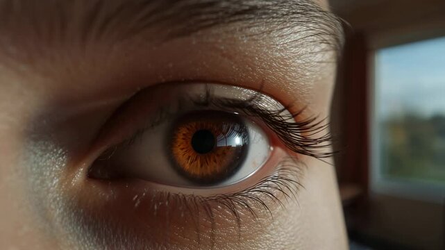 Blinking amber-brown eye fluttering in room near window, window light revealing iris, pupil, lashes