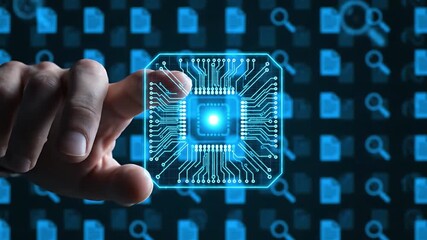 A human hand gently touches a vibrant, glowing holographic CPU chip, set against a blurred background of numerous floating digital file icons, representing advanced computing.