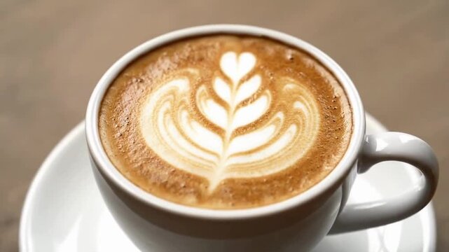 Three white coffee cups with leaf design latte art on a wooden table