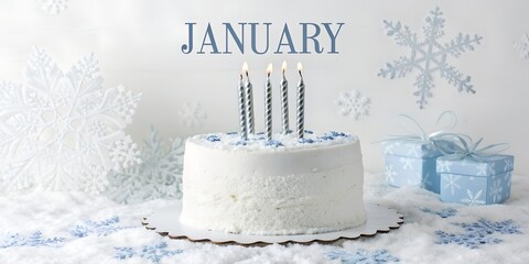 Winter birthday scene, white frosted cake, silver candles, cool blue tones, &ldquo;JANUARY&rdquo; written in elegant serif typography, soft snow texture, minimal background, clean composition