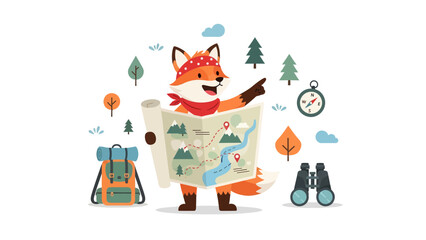 Naklejka premium Adventurous Fox Guides Hikers Through The Wilderness On The Route Map
