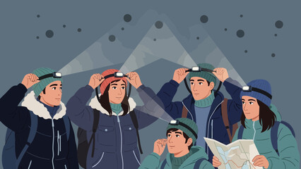 Obraz premium Adventurous Friends Explore Cave System Together Wearing Headlamps And Reading Map