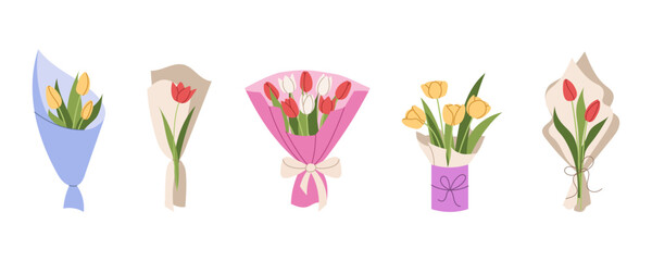 Obraz premium Spring tulip bouquet collection in pastel paper wrap for holiday and celebration design