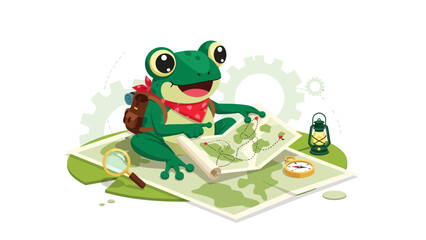 Fototapeta premium Adventurous Frog Planning Hiking Trip With Map and Compass Illustration