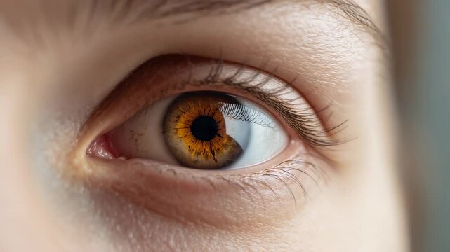 Reacting to right light eye making movements refocusing in studio with amber iris and corneal glint