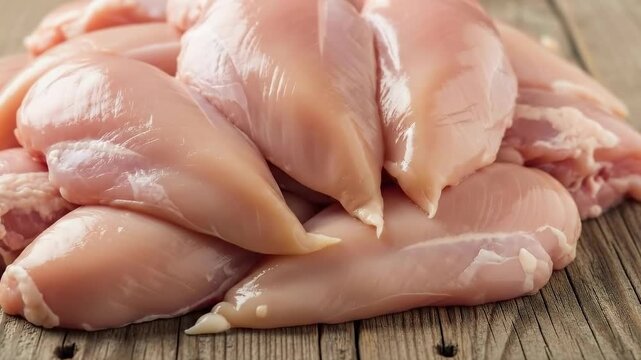 Fresh raw chicken breasts on rustic wooden table with natural light progression