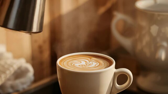 Tilting milk pitcher pouring steamed milk into ceramic cup at coffee counter, forming rosette