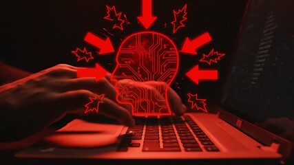 A person's hands type on a laptop keyboard under red lighting, with a holographic circuit board and data flow arrows symbolizing a cyber attack or critical data processing. - Powered by Adobe