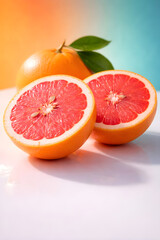Fresh Grapefruit Halves and Whole on White Background