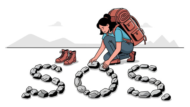 Adventurous Hiker Signaling For Help With Stone S O S During Remote Expedition