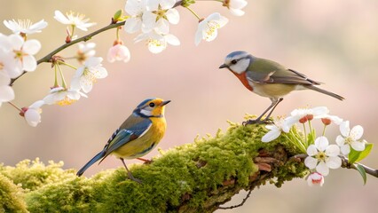 Blue Tit and Robin Perched on Mossy Branch with Blossoms, Spring Nature Scene
