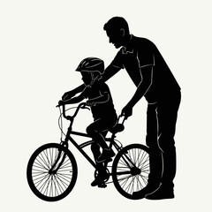 Father Teaching Child to Ride Bicycle Silhouette Vector Art
