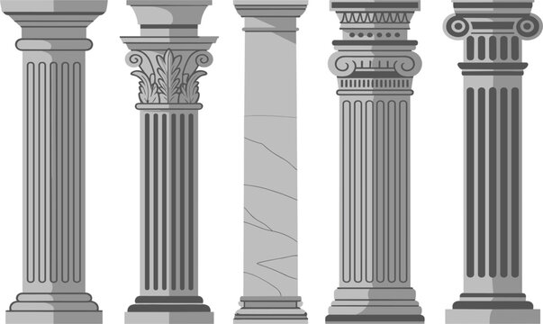 Greek and Roman classical architectural columns vector set, featuring Doric Ionic and Corinthian marble pillar style