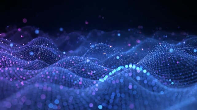 Playback starting, particle mesh rippling across dark void, camera pushing forward revealing detail