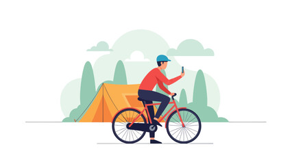 Fototapeta premium Adventurous Traveler Cycling Past Campsite Taking Photo With Mobile Phone