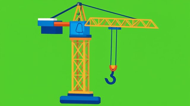 Animated tower crane with moving hook on green background.