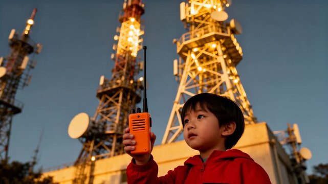 Spotting towers, child in red hoodie raising orange radio, checking signal on rooftop, copy space
