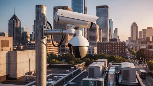 Security Camera Overlooking Cityscape - A white security camera is mounted on a metal pole, positioned high above a building.